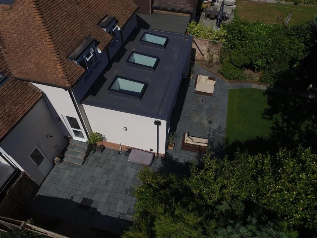 Aerial view of a single-storey rear extension with three roof lights